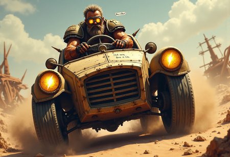 A rugged, dust-covered warrior grips the wheel of a beat-up, armored car, roaring across a wasteland landscape. The car is an intimidating machine—cobbled together with scraps of metal, reinforced windows, and rows of buzz coins welded along the hood as makeshift armor. Its tires kick up clouds of sand and debris as it speeds forward, dodging jagged rocks and twisted remnants of an old highway.
Inside, the driver is decked out in worn leather armor, a spiked shoulder pad on one side, and a pair of cracked goggles that glow faintly with a lightning bolt emblem reflecting on each lens. His gloves are fingerless, revealing scarred, dirt-streaked hands gripping the wheel, and a tattered bandana covers the lower half of his face. Just visible on the dashboard is a handwritten note scrawled on a torn piece of metal: “Buzz or Bust.”
Above him, a speech bubble reads:
“Out here, buzz is life!”
Behind him, a desert filled with twisted metal structures and scorched earth stretches endlessly, while other ragged vehicles can be seen in pursuit. The whole scene feels tense and wild, capturing the desperation and intensity of a wasteland warrior’s hunt for that elusive “buzz.”