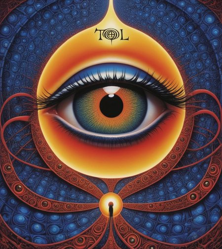 Tool Metal album cover, style by Alex Gray, spiral eye, (write text: "TOOL")
