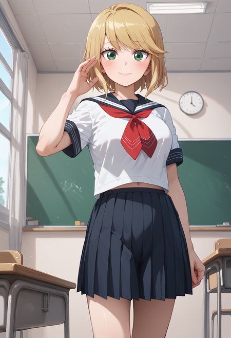 score_9, score_8_up, score_7_up, score_6_up, score_ANIME,desumi, 1girl, solo, blonde hair, green eyes, serafuku, smile, looking at viewer,  pleated skirt, short sleeves, neckerchief, sailor collar, red neckerchief, closed mouth, swept bangs, standing, bob cut  <lora:magahara_desumi_pony2:1>, classroom,  standing,  smile, blush,  large breasts,