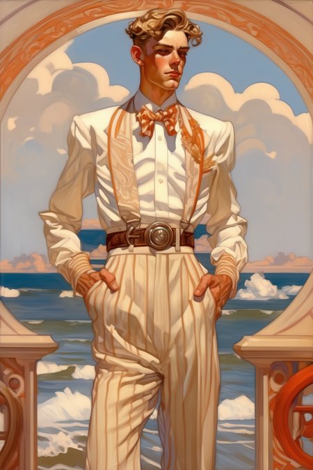 <lora:J.C. Leyendecker Style:1>J.C. Leyendecker Style - Maldy guy beautiful interesting. It stands beautifully dressed in a modern way, and the sea surrounds it at the foot. Painting done in the style of Joseph Christian Leyendecker.