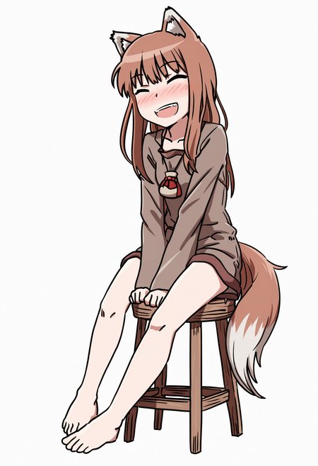 masterpiece,best quality,amazing quality,
1girl, solo, tail, long hair, wolf tail, animal ears, closed eyes, wolf ears, sitting, simple background, blush, smile, open mouth, wolf girl, brown hair, barefoot, white background, stool, holo,
<lora:Drifter:1>