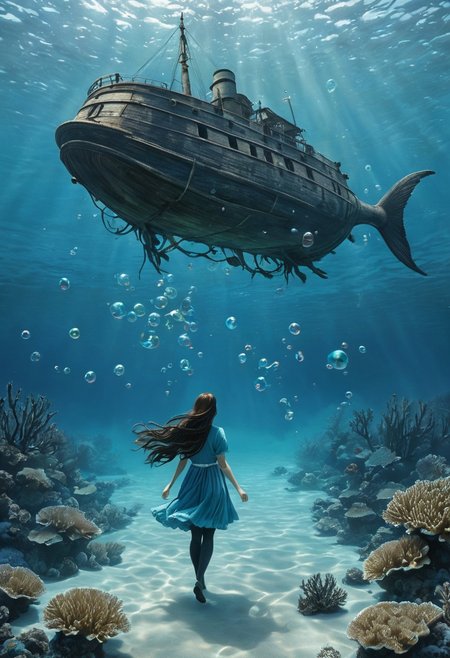 (water-colored), illustration, style of Jessica Galbreth,
(far view, far shot, rear view, facing away:1.3),
(Alice, very long dark brown hair,  hair rim lighting, hair in the wind, blue maid dress with short sleeves, black tights, black shoes:1.5), 
fog, dreamy, dream, coral, fish, sea weed
(walking, under water, bubbles, coral, giant fishes, sea weed, giant old ship swimming:2)