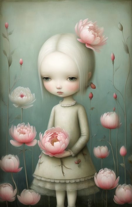 masterpiece,best quality,<lora:tbh340-sdxl:0.75>,illustration,style of Nicoletta Ceccoli, decaying peonies