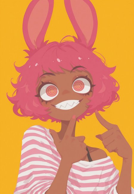 artist:moriimee, G0thicL1nes, portrait, (brown skin), 1 girl, rabbit girl, solo, yellow background, bright pink hair, flirty, flat style, manic eyes, pointing at head,  ringed eyes, big smile, sharp teeth, striped shirt, oversized shirt, bright eyes, short hair, pixie cut, pose, (flat color), (no lineart), 