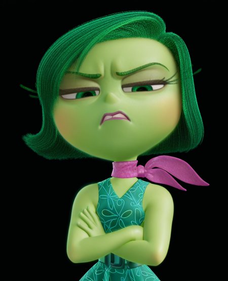 masterpiece, best quality, amazing quality, highres, absurdres, intricate detail, 3d, simple background, black background,  <lora:Disgust_ILLUS_2-000011:1> , disg, 1girl, solo, short hair, dress, bare shoulders, green eyes, green hair, sleeveless, scarf, green skin, looking at viewer, crossed arms, disgust, half-closed eyes,