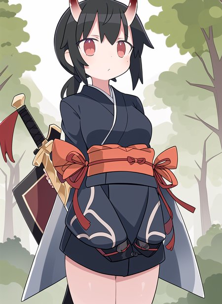 Masterpiece, best work, high quality, black hair, (japenese armor), kimono, (wielding sword), huge sword, pony tail, oni horns, large jacket, robes, kimono, red eyes, serious, forest wind blowing, in motion, leaves, leaves falling, afternoon, action, petite, muscular, small breasts