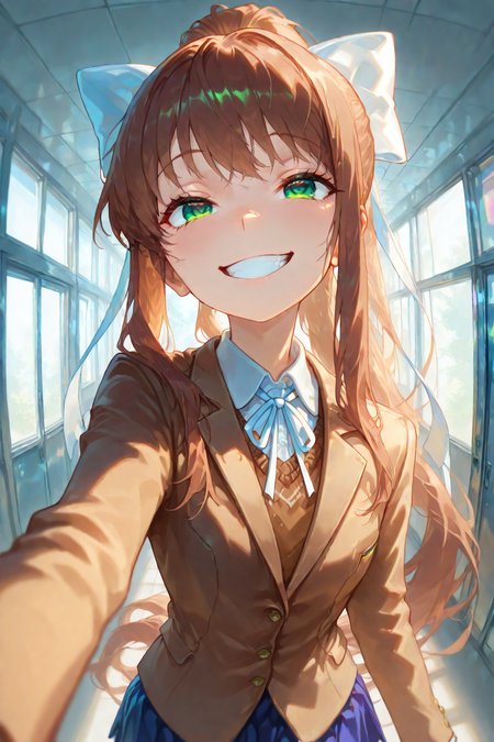 monika, long hair, brown hair, ponytail, green eyes, ribbon, white ribbon, bow, hair ribbon, hair bow, very long hair, blazer, brown sweater, collared shirt, neck ribbon, blue skirt, 
walks towards viewer, reaches hand to upper right corner of picture, playful grin, sly eyes, predatory look, close-up, school, in school hallway, wall with windows on right, wall with doors on left,
masterpiece, best quality, amazing quality, very aesthetic, absurdres,  newest, 
scenery, (volumetric lighting) <lora:holographiccolor:0.7> <lora:DarkerThanBlackIllustrious:0.5> <lora:Monika-Illustrious:0.9>  <lora:ponyv5_noobV065S_1_adamW:0.6> <lora:Fisheye_Style:0.7>