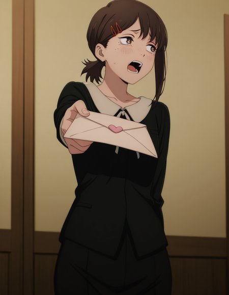 masterpiece, best quality, amazing quality,, <lora:kobeni-higashiyama-s1-illustriousxl-lora-nochekaiser:1>, kobeni higashiyama, higashiyama kobeni, black hair, hair ornament, hairclip, mole, mole under eye, ponytail, short hair, brown eyes, mature female, small breasts, anime screencap, <lora:tsundere-illustriousxl-lora-nochekaiser:1>, tsundere, incoming letter, love letter, outstretched arm, looking away, blush, open mouth, cowboy shot,