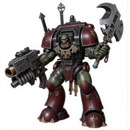 Score_9_up, absurdres, source: GamesWorkshop, grimdark, gothic horror, Warhammer 40000, a snarling ork is waving an axe in one hand and firing a machinegun in the other, lifelike, hyperrealism, perfect hands, perfect anatomy, project unreal engine