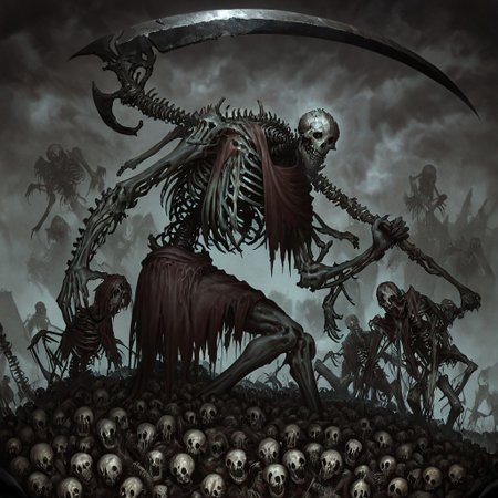 masterpiece, best quality, newest, absurdres, highres, 
TWEV1.0, no humans, monster, giant, undead, zombie, rotten flesh, horror (theme), skeleton, bones, skull, holding weapon, weapon, scythe, grim ripper, ghost, wraith,