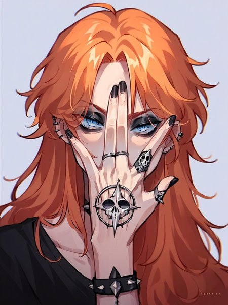 score_9, score_8_up, score_7_up, score_6_up, score_5_up, source_anime, 1girl,  <lora:eyesofheavenXLP:1> eyes of heaven, long hair, ginger, blue eyes, goth