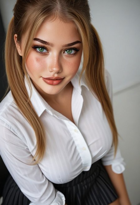28yo ANG3L1QU3. Long oval face, flawless even skintone, robust (green eyes), full glossy lips, seductive smile. vivid blonde hair, widow's peak hairline). huge breasts. wearing business suit over a white ruffle shirt. alluring in office