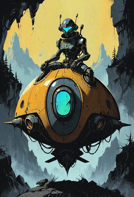 a stylized vintage robot riding a futuristic pod in an alien landscape, western, hyper detailed, sci fi, minimalist_sci-fi_dystopia
