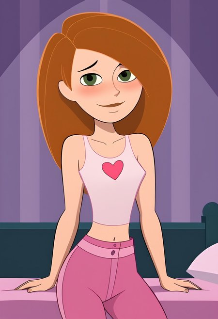 Kim, White Crop Top with Pink Heart, Pink Pants, 
small breasts, perfect boobs, naked, looking at viewer, smile, mouth closed, embarrassed, blushing, sexy look, naughty look, closed mouth, 
bedroom,