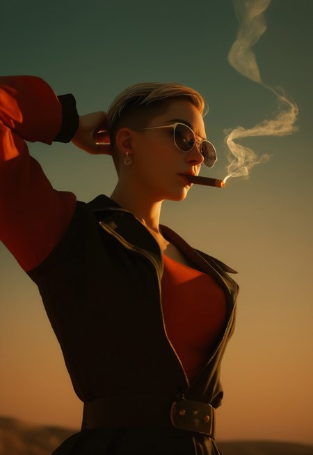 safe_pos, masterpiece, best quality, highly detailed, score_9, score_8_up, score_7_up, 
BREAK, 70mm lens, full-color photograph, shadows, cinematics lighting, volumetric lights, realistic lights, three quarter view, film grain, 
BREAK, 
cowboy shot, zoom out
BREAK, 
1girl clothed like a Duke Nukem, buzz-cut hair, blonde, view from below, wearing tight red shirt, smoking a fat cigar, wearing sunglasses, hellish landscape in the background, demons in the background, Desert Eagle Pistol in hand,
BREAK,
(((((upper body))))), dynamic pose
 <lora:Dynamic Poses:1>
 <lora:detailed_notrigger:1>
(((full clothed)))
