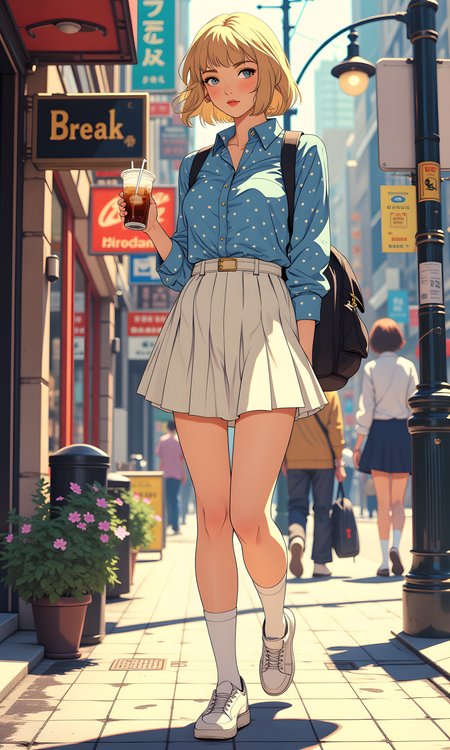 A stylish and vibrant street scene featuring a woman walking down the sidewalk. The woman has short, blonde hair styled in a bob cut, giving her a chic and modern look. She is dressed in a blue polka-dot blouse paired with a white pleated skirt, creating a playful and youthful outfit. Her ensemble is completed with white sneakers and knee-high socks, adding to the overall casual yet fashionable vibe. 
She is holding a drink in one hand, suggesting she might be enjoying a leisurely stroll or heading somewhere. A black backpack is slung over her shoulder, indicating she might be on her way to work, school, or running errands. The background features various storefronts and signs, adding to the urban setting of the image. 
The overall mood of the image is one of energy and style, capturing a moment of everyday life in a bustling city environment. The combination of the woman's outfit, the drink, and the urban backdrop creates a visually appealing and relatable photograph. 
BREAK anime, d13s3lp2nk, bboil artist style, OBdonman, <lora:FLUX\Synesthesia:0.2>, <lora:FLUX\RetroAnimeS1.1:0.4>, <lora:FLUX\Flux-jijia:0.1>, <lora:FLUX\It's a LoRA for portraits, BUT! actually specialized in backgrounds. v1.0:0.1>, <lora:FLUX\GLSHS:0.2>, <lora:FLUX\Dieselpunk Delight - s0_9 g4:0.4>, <lora:FLUX\OBdonman, anime0style portrait:0.1>
