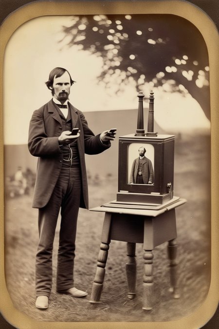 <lora:Albumen Print:1>Albumen Print - Welsh settler in 1860 presenting a new mobile prototype to audience. Looks like Steve Jobs presenting the iphone. Rare photo is not the best condition. Vintage photo was taken by a field view camera.