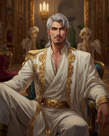 <lora:ck-LttleGhost-000011.safetensors:1> in the style of ck-lttlegh0stA silver-haired Middle Eastern male sits majestically in a sumptuous palace interior. His piercing gaze commands attention as he wears ornate white robes adorned with gold embroidery and a gleaming belt. The atmosphere is one of timeless elegance and imperial grandeur, created by the combination of his attire, surroundings, and lighting.
