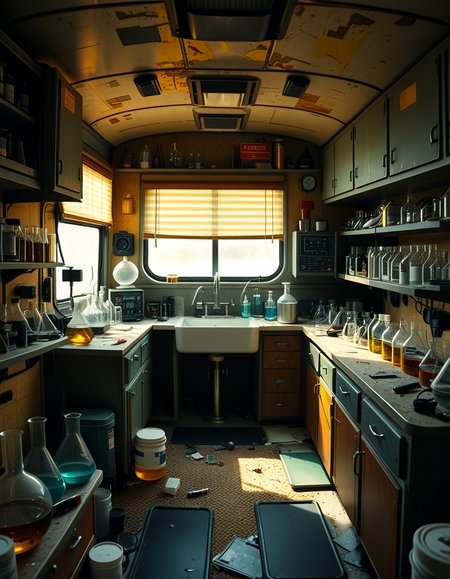 The interior of an old RV converted into a clandestine drug laboratory, inspired by the TV series Breaking Bad. The space is cramped and messy, filled with scientific equipment, glass beakers, flasks, burners, chemical containers, and lab tools scattered around. The walls are aged and stained, with peeling wallpaper and old metallic cabinets. A small sink area is cluttered with dirty lab glassware. The lighting is dim and tinted yellow, with sunlight barely filtering through dusty blinds. The floor is grimy, with a mix of rubber mats and worn carpet. The overall atmosphere is tense and gritty, capturing a sense of secrecy and danger. Hyper-realistic style, cinematic composition, rich in textures and shadows.
<lora:SDXLFaeTastic2400:0.4> <lora:extremely_detailed:0.4> extremely detailed,<lora:old_RV_drug_l4b0r4t0ry:1>,old RV drug l4b0r4t0ry, Masterpiece,best quality,hi res,8k,hi res,8k,award winning,(sharp focus, intricate, highly detailed),