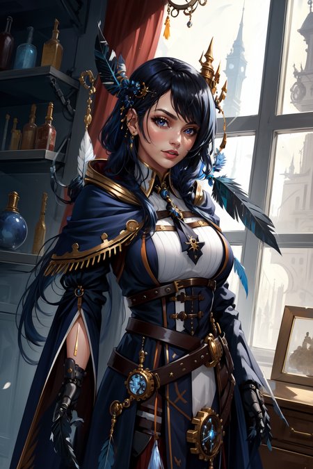 (masterpiece, best quality),  intricate details,
1girl,        <lora:NerissaRavencroftV1-000090:0.8> Nerissa, black hair, blue hair, long hair, feathers,  
 <lora:techpriest:0.8> mechanical arms, steampunk, hood, robe, techpriest,