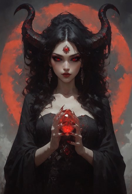 score_9, score_8_up, score_7_up,  solo, a gorgeous japanese girl, ominous, beautiful face, beautiful features, glowing bright red eyes, red pupils, seductive stare, huge demon horns, adorned horns, black sclera, pale skin, black eyeshadow, thick red eyeliner, red lipstick, thick eyelashes, beautiful black hair, bloody hands, dark red gemstone in forehead, dark red jewelry, wearing a black kimono, long red fingernails, black background, red linework around the character, thick line art, large glowing moon behind the character, drapery dress, dark red cloak, looking down at the viewer, cowboy shot  <lora:pony/twilight_style:0.8> <lora:pony/expressiveh:0.8> expressiveh <lora:pony/vixon_gothic_oil_style:0.7> d4rk01l
