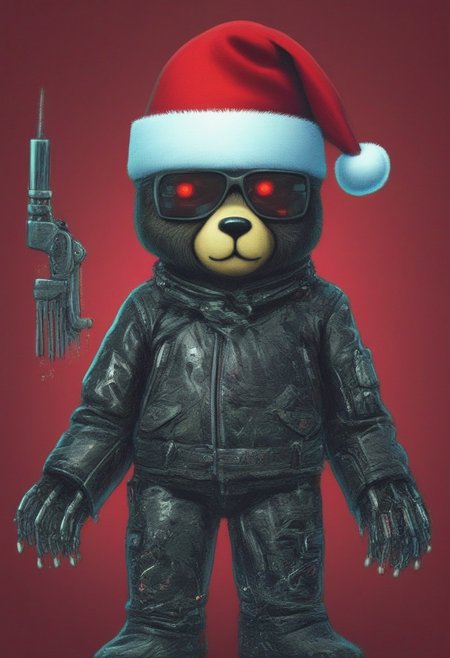 xmastedx, cyberpunk cyborg christmas bears, highly detailed, sunglasses, cyberpunk santa hat,  AtompunkSDXL