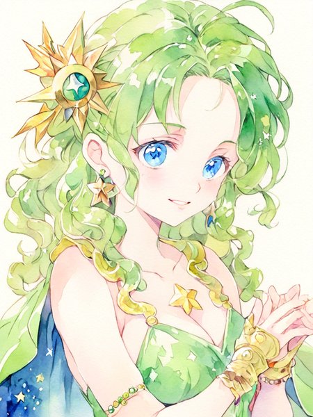 <lora:shuicai:1>,watercolor (medium), 1girl, solo, green hair, breasts, blue eyes, long hair, hair ornament, jewelry, cleavage, detached sleeves, cape, earrings, star (symbol), medium breasts, white background, looking at viewer, dress, smile, green cape, collarbone, circlet, upper body, parted lips, simple background, bridal gauntlets, green dress, star print, gem, tina branford, bracelet, wavy hair