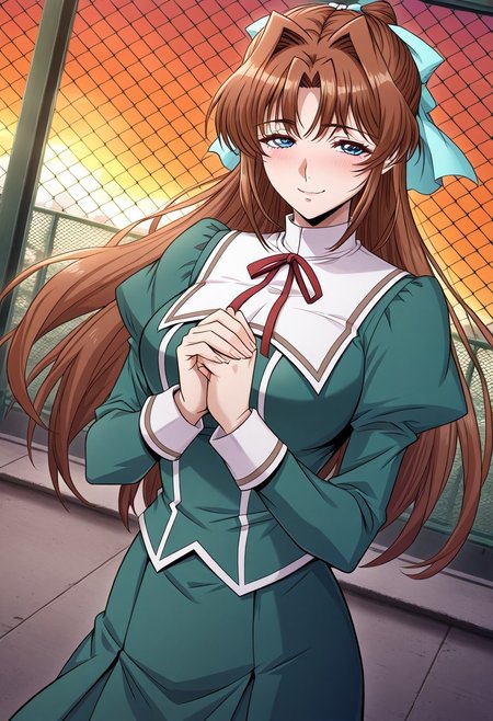 masterpiece, best quality, newest, highres, uncensored, 1girl, yokota mamoru style,1girl, slender face，motion lines,torogao,looking at the viewer,seductive smile,blush
Shiria,Brown Hair,Brown Eyes，long hair，
1girl, solo, blue eyes, sunset, school uniform, chain-link fence, long hair, fence, brown hair, bow, hair intakes, dutch angle, ribbon, own hands together, hair bow, long sleeves, rooftop