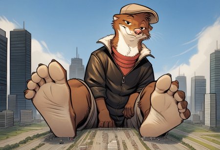 score_9, score_8_up, score_7_up, score_6_up, score_5_up, score_4_up, solo, source_furry, 1boy, city, smile, full body, seductive expression, solo, k-9
,
W33kly_BS, Weekly, Anthro Weasel, Lesser Weasel, brown weasel, brown fur, white chin, white neck, white inner ear, black eyebrows, black eyes, pink nose, whiskers, shortstack, tan hat, flat cap,  leather jacket, flight jacket, fleece collar, red sweater, khakis,
,
plantigrade, three toes, feet with three toes
,
(Sitting:1.4),  big feet, (macro, giant), looking at viewer, from below, feet focus, low-angle view, soles