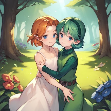 score_9, score_8_up, score_7_up, score_6_up, score_5_up, source anime, 2girls, hugging, realistic background, outdoors, forest, deku tree, courtyard,  flowers,  <lora:Granblue_Fantasy_Style_XLv4:0.6>
2girls, <lora:saria-v4_pdxl:0.85> , saria, sweater, turtleneck, ribbed sweater,  belt, small breasts, green hair, smile, looking at viewer, young girl, hugging, 
2girls,  malon, the_legend_of_zelda, orange hair, white dress, young girl, flat chest, smile, looking at viewer, hugging,