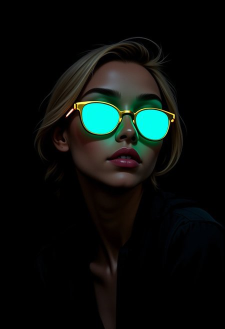 ffdac, a woman wearing glowing teal and gold sunglasses, beautiful, dark background, contrast of color and darkness