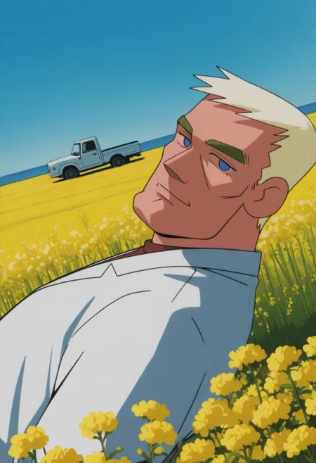 1boy, leaning back, happy, upper body, looking at viewer, from side, dutch angle,
BREAK
<lora:Hexon_from_Crayon_Shin-chan_Pursuit_of_the_Balls_of_Darkness_v1.0_1724039:1>
cs97hexon, 2000s \(style\), retro artstyle, mature male, blonde hair, blue eyes, thick eyebrows,
BREAK
horizon, blue sky, farm, pickup truck, field, rapeseed blossoms,
BREAK
very awa, masterpiece, best quality, absurdres, newest, perfect quality, detailed background, intricate details,