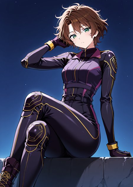 <lora:Caria_Rede__The_Beginning_After_the_End___Illustrious:1>
1 girl, solo, short hair, messy hair, wavy brown hair, green eyes, athletic body, 
black and purple combat suit, gold line details, gloves and boots
(Anime_source),Masterpiece,(perfect female body:1.2), small waist,(incredibly detailed:1.4), slim, looking at viewer, sitting, crossed legs, night