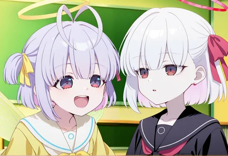 2girls, anime screenshot, anime screencap, anime coloring, indoors, classroom, 1girl, short hair, purple hair, antenna hair, twintails, single sidelock, yellow ribbon, purple eyes, cosplay, (arona \(blue archive\):0.7),  smile, open mouth, upper teeth only, halo, upper body, fairy wings <lora:Kazuradrop_Illus:1>
BREAK
2girls, anime screenshot, anime screencap, anime coloring, indoors, classroom, 1girl, short hair, white hair, red eyes, hair ribbon, earrings, jewelry, cosplay, (plana \(blue archive\):0.7), expressionless, halo, upper body,   <lora:Kama_mistake_Illus:1>, masterpiece, best quality, amazing quality, very aesthetic, absurdres, highres, newest