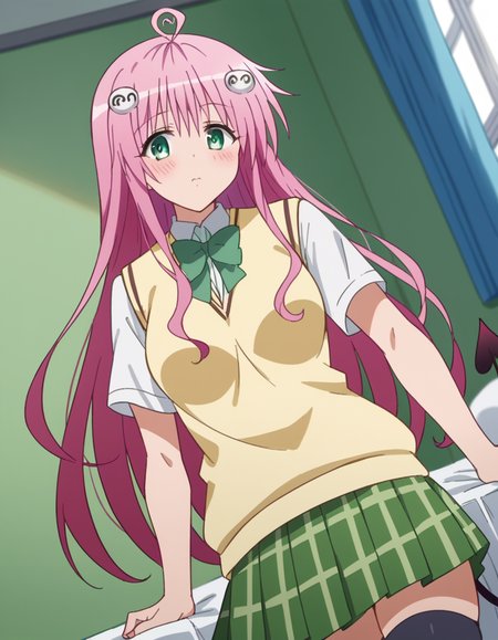score_9, score_8_up, score_7_up, source_anime,
laladeviluke, <lora:lala-deviluke-darkness-ponyxl-lora-nochekaiser:1>,
lala deviluke, long hair, pink hair, tail, ahoge, bangs, hair ornament, green eyes,
demon tail, green skirt, plaid, plaid skirt, sainan high school uniform, school uniform, skirt, sweater vest, thighhighs, yellow sweater, short sleeves, bow, green bow,
indoors, bed, bed room, on side, blush, drunk,
looking at viewer, cowboy shot, dutch angle, solo,