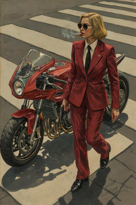 ethelleontinegabain1 painting.
Overhead shot of an Blonde woman walking away from a futuristic motorcycle parked at a zebra crossing. The woman has bob hair, is smoking. She wear a red business suit, white shirt, black tie, and sunglasses. She holds a gun with a confident grip. The motorcycle itself is red, sleek and metallic, with intricate designs and a futuristic vibe <lora:ethelleontinegabain1_cap_d8a4:1.0><lora:862157692871932283:0>