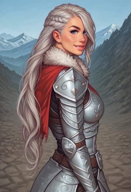 1girl, ((side view))), looking at viewer, highly detailed, from front, 1girl, highly detailed, skinny, looking at viewer, 1girl, masterpiece, best quality,
raw, masterpiece, extremely detailed, hyperrealism, photo, perfect anatomy, magnificent young warrior, full body, dramatic lighting, shadow play, romantic, heroism, epic, determination, proud, eternal beauty, detailed face, very long hair, very dark brown hair, beautiful blue eyes, battlefield background, massive plate armor, masculine body, muscular, heavy arms armor, red cape, fur collar, sword, BREAK
slight smile, looking at viewer, fur coat, dynamic pose,
BREAK 
long hair, silver hair, hair over one eye, blue eye, big hair, dynamic pose
BREAK 
best quality, depth of field, bokeh, (((full clothed))),  ((ready to fight, holdind big sword in hands, big two-handed sword in hands)), highlander
BREAK 
(((((snow, stones,  mountains))))) score_9, score_8_up, score_7_up, score_6_up, source_cartoon, rating_explicit, Expressiveh, (((((upper body))))), dynamic pose