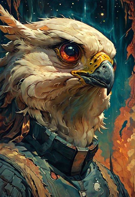 (score_10, score_9_up, score_8_up, score_7_up,)  
Vintage comic book cover of 1 ONE Anthropomorphic Peregrine Falcon, hybrid animal, a Humanoid Peregrine Falcon hybrid with ((the big head of a Peregrine Falcon)), ((very tall slender fit tight body)), megafeatherypony, feathers, feathery, falcon, anthro, an enlightened birdman, werefalcon, Astronaut looking up, profile, helmet, in space, reflection on visor, nebula, 
Extremely detailed 8K wallpaper, extremely detailed character, style of Yuko Shimizu,ng_deepnegative_v1_75t, style of Yuko Shimizu,