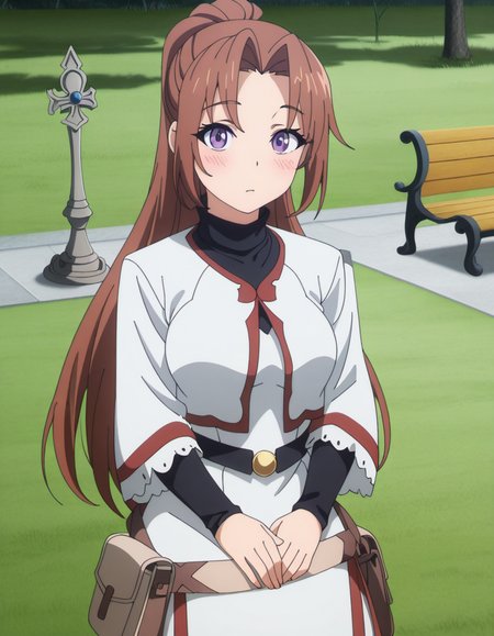 masterpiece, best quality, amazing quality,, <lora:apprentice-cleric-s2-illustriousxl-lora-nochekaiser:1>, apprentice cleric, long hair, brown hair, purple eyes, ponytail, parted bangs, mature female, medium breasts, anime screencap, dress, belt, long sleeves,, hands on stomach, blush,, park, grass, benches, path, recreation, cowboy shot, solo, looking at viewer