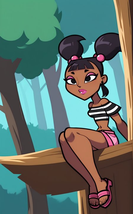 best quality, absurdres,full body, <lora:BolivanteStyleITS:0.8>,  <lora:KTDITS:0.8>,KTDITS, sandals, pink sandals, shorts, pink shorts, short shorts, midriff, navel, shirt, striped shirt, short sleeves, bare shoulders, black hair, dark skin, lipstick, makeup, hair bobbles, earrings, hair ornament, twintails, black eyes, short twintails,solo,slim,cabin,outside,forest,hands behind back ,slim, sitting in a tree brach
