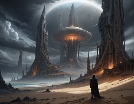 In a desolate expanse of swirling sands, the remnants of colossal structures stood as silent sentinels, once-proud spires now broken and crumbling under the relentless assault of an alien storm, b3ks1n