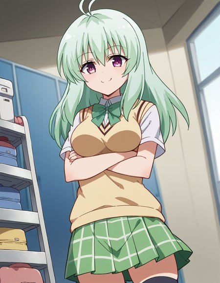 score_9, score_8_up, score_7_up, source_anime, <lora:run-elsie-jewelria-darkness-ponyxl-lora-nochekaiser:1>, run elsie jewelria, long hair, purple eyes, green hair, antenna hair, ahoge, hair between eyes, medium breasts, green skirt, plaid, plaid skirt, sainan high school uniform, school uniform, skirt, sweater vest, thighhighs, yellow sweater, short sleeves, bow, green bow,, gym storeroom, equipment, supplies, cleaning, storage, smile, crossed arms, smug, looking at viewer, solo,, dutch angle, cowboy shot