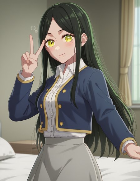 score_9, score_8_up, score_7_up, source_anime, <lora:frill-shiranui-s1s2-ponyxl-lora-nochekaiser:1>, frill shiranui, long hair, bangs, black hair, green eyes, yellow eyes, green hair, mole, mole under eye, mole under mouth, medium breasts,, shirt, jacket, white shirt, collared shirt, blue jacket, long sleeves, skirt, grey skirt,, indoors, bed, bed room, on side, blush, drunk,, smile, , v, v over eyes,, solo,, cowboy shot, dutch angle,