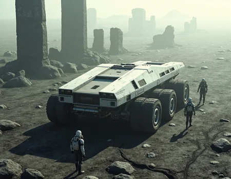 cinematic still UNI_SCI_FI_CORE
"Generate a highly detailed, cinematic sci-fi scene set on a barren, alien planet with a desolate, rocky landscape. The central focus is a large, futuristic land rover, angular and robust, with a modular design featuring two parallel rectangular sections connected by a central bridge. The roverâs metallic surface is painted in white and gray, showing signs of wear with scratches and scuffs, and is equipped with large, rugged wheels for traversing rough terrain. Small windows, antennas, and mechanical details enhance its high-tech appearance.
Surround the rover with a cluster of tall, monolithic stone pillars or obelisks, some inscribed with faint, mysterious patterns or symbols, casting long shadows across the uneven, cracked ground. Position three humanoid figures in bulky, reflective spacesuits with helmets, scattered around the scene: two near the rover, standing on the dark, volcanic-like rock, and one closer to a pillar, as if inspecting it. The suits are practical, with visible joints and equipment, emphasizing a scientific expedition.
The landscape is stark and desolate, with a rough, dusty surface and faint clouds of haze or mist swirling around, suggesting a thin, alien atmosphere. The background is minimal, with no clear horizon or sky details, enhancing the isolated, otherworldly mood. The lighting is soft and diffused, simulating an alien sun or artificial source, casting gentle shadows that highlight the textures of the rocky terrain, the roverâs worn surface, and the pillarsâ carvings.
The color palette is muted, dominated by grays, blacks, and browns of the terrain, contrasted by the white and metallic sheen of the rover and spacesuits. The overall atmosphere is one of quiet tension and mystery, evoking a sense of exploration in an ancient, abandoned site. Incorporate intricate details like the faint carvings on the pillars, the roverâs vents and panels, and the subtle glow of the haze to create a realistic, immersive scene in a cinematic sci-fi style.
<lora:UNI_FI_NoCAP (1):0.7> . emotional, harmonious, vignette, highly detailed, high budget, bokeh, cinemascope, moody, epic, gorgeous, film grain, grainy 111