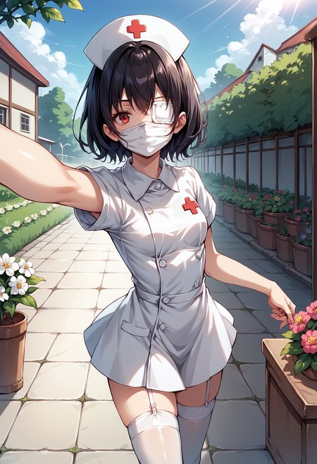 score_9, score_8_up, score_7_up, source_anime, 1girl, solo, looking at viewer, mskr, black hair, short hair, small breasts, nurse, nurse cap, white dress, surgical mask, outdoors, garden, sunlight, day, bush, selfie, outstretched arm, taking picture, red eyes, eyepatch, white thighhighs, blue sky, grass, flower, house, reaching towards viewer, cowboy shot, peace sign, hand up, garter straps, flower pot