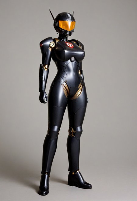 A full length 35mm photo of a sleek futuristic scene, a female gundam robot in a form-fitting gloss black armored suit with gold accents, wearing leather boots, her stance exuding a sense of femininity and grace , standing in a military hangar, smooth featureless robot face
TheFaceLess, Polaroid Style, Polaroid photography, over exposed style, flash photography style, Kodak, fujifilm, bright light, white light, Roboticizer