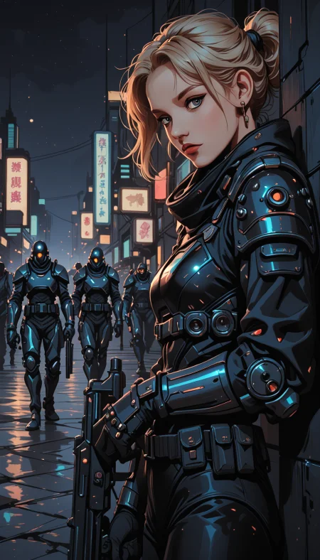 masterpiece, Shinkaistyle,
pinkretroanime, retro art,
Cyberpunk Style, cyberpunk, science fiction, hi tech, future tech, neon, (Cybernetics:1.25), (Neon Cityscape:1), (lineless:1.5), smooth edges, tall body, slender body, fit body, long legs, In the given image, we see a 3D-rendered female character in a cyberpunk setting. The character stands against a wall on the side of a neon-lit street, under a large billboard that features another figure. She is leaning casually against the wall with her arms crossed, embodying an air of nonchalance. Her attire consists of a tactical vest over a black bodysuit, accented by red details and glowing digital readouts. A utility belt holds several gadgets and tools, adding to her imposing presence. She has short, spiky hair that is dyed in a vibrant shade of pink, contrasting with her pale skin and matching the color scheme of her armor. Her eyes are hidden by a dark visor, which features a glowing red eye piece. A matching black helmet is worn over her visor, completing her cyberpunk aesthetic. She holds a small device in her hand, suggesting she might be communicating with someone or preparing for an operation. The background is filled with the hustle and bustle of a city at night. Numerous people can be seen walking by on the street below, their figures small against the urban landscape. The billboard towering behind the character displays a futuristic advertisement with a figure that appears to be made of digital elements. The image has a rich palette dominated by cool tones, with neon blues and purples illuminating the scene from the streetlights and building signs. Despite being inanimate form, the character exudes an action-ready stance, poised for whatever comes next. The overall atmosphere is one of gritty realism meets science fiction fantasy. (night:1.95), (dark sky:1.8), (dark background:1.7), star \(sky\),
, 1girl, solo, breasts, looking at viewer, short hair, bangs, blue eyes, blonde hair, gloves, 1boy, holding, jewelry, medium breasts, closed mouth, standing, jacket, upper body, ponytail, weapon, earrings, outdoors, multiple boys, sky, solo focus, black gloves, belt, looking back, water, holding weapon, armor, blurry, uniform, vest, from side, lips, gun, parted bangs, looking to the side, grey eyes, bodysuit, night, depth of field, blurry background, piercing, crossed arms, shoulder armor, gauntlets, building, holding gun, night sky, rifle, handgun, reflection, science fiction, rain, pauldrons, breastplate, city, realistic, nose, stud earrings, cityscape, shoulder pads, multiple others, police, street, police uniform, elbow pads, holding own arm, hand on own arm, shotgun, city lights, cyberpunk, bulletproof vest