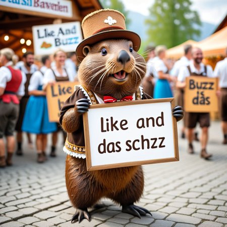 bavaria, festival,  a friendly beaver in bavarian costume holding sign with text "like and buzz schon ist das", buzz