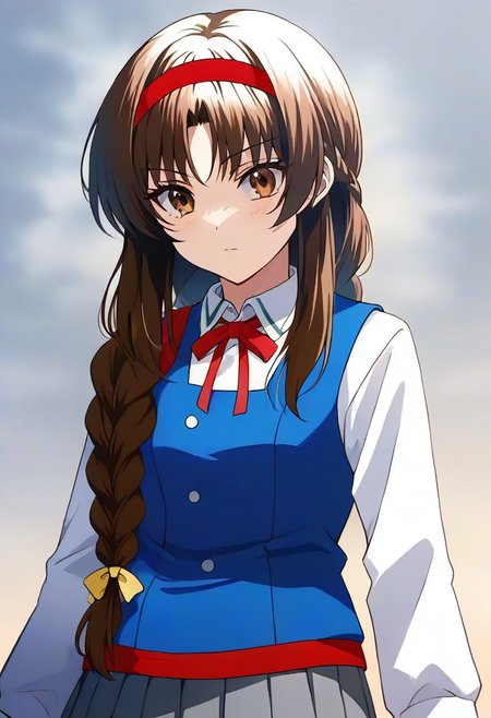 best quality, 4k, rating_safe, very aesthetic, source_anime,1girl, <lora:Takao:0.9>,takao,brown hair,brown eyes,long hair,single braid,red hairband,neck ribbon,white shirt,long sleeves,blue vest,gray skirt,school uniform,