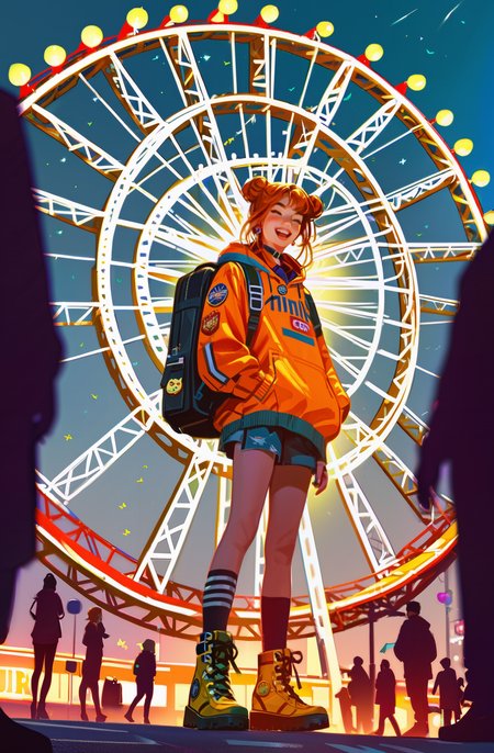 score_9, score_8_up, score_7_up, score_6_up ,(masterpiece, ultra detailed) (intricately detailed comicbook illustration),
cute girl, orange hair, double bun, golden streaks, ferris wheel, colorful oversize hoodie, badges, exited, by night, neon light, fairy lights, balloons, yellow backpack, chino, leather boots, public, exhibitionism, public crowded, 
<lora:invincible_v2:0.5> invncbl  <lora:JohnKafkaXLP:0.8> <lora:Concept Art DarkSide Style LoRA_Pony XL v6_366344:0.4> low light